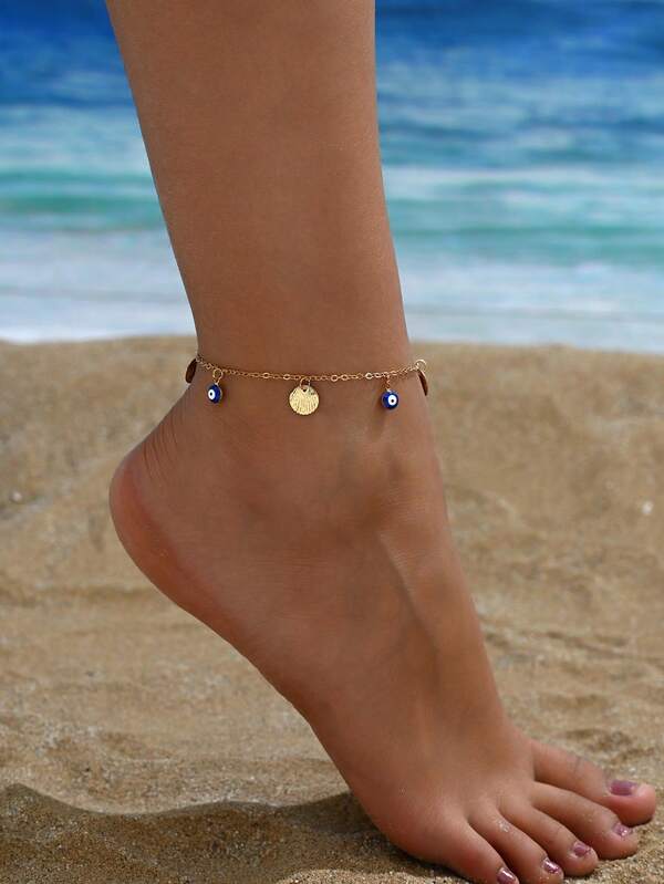 1 pièce Élégant minimaliste à la mode sexy bohème Bracelet de cheville avec pendentif cercle vague œil de diable d'été. Bracelet de cheville à chaîne multi-éléments convenant pour le quotidien, les fêtes, les festivals de musique et les vacances à la plage