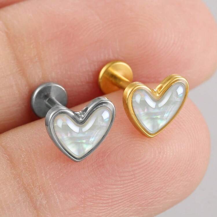 1件心形白色贝壳耳钉，男女通用，ASTM F136钛金属平头耳钉，防过敏，螺纹/无螺纹可选，穿刺饰品，时尚礼物 - 彩色 - 查看 11