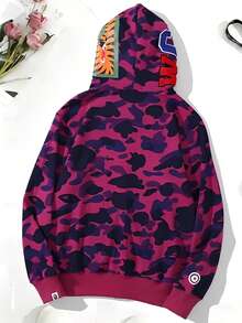 Sudadera con Capucha Unisex Estilo Streetwear | Estampado Camuflaje Detallado con Bordado de Tiburón | Cremallera Completa, Tejido Suave y Cálido | Buzo Ideal para Looks de Pareja, Moda Casual y Uso Diario - Morado - Ver 2