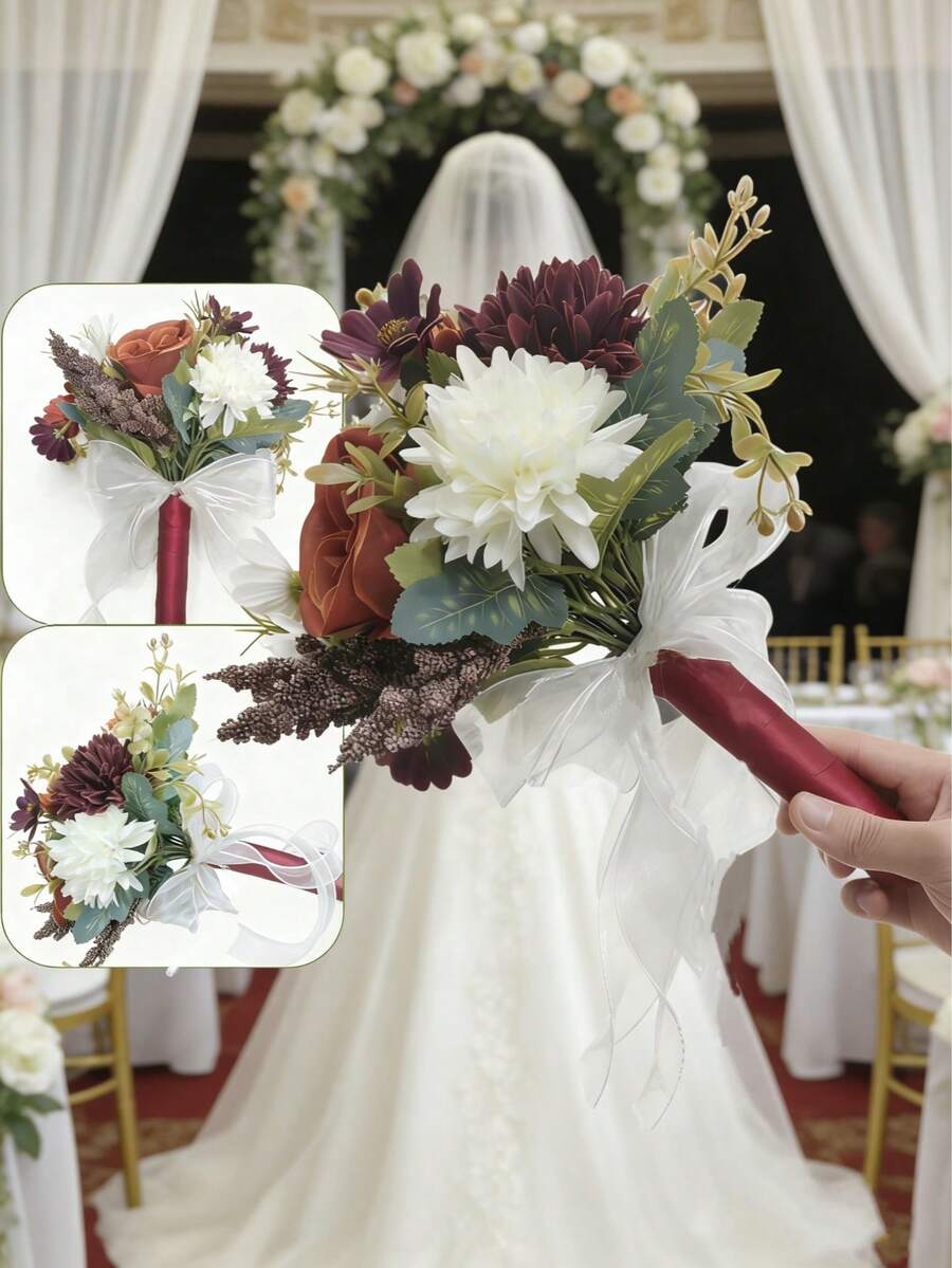 1件新娘伴娘捧花，人造金色玫瑰花束，婚礼派对装饰礼品