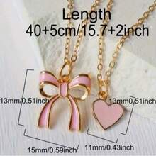 1件双层可爱甜美蝴蝶结爱心项链，粉色珐琅爱心吊坠锁骨链，适合日常佩戴，情人节礼物 - 粉色 - 查看 2