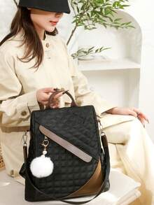 【黑巧克力焦糖格纹双肩包】2026春季新款双肩包、单肩包、手提包，带毛球挂饰，防盗设计，完美适用于办公室、通勤、学校，多功能学院风双肩包、笔记本电脑包、女士包 - A - 查看 4