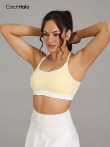 Women's Padded Sports Bra With Removable Cups, Cross Back Yoga Bra For High Support Workout & Fitness - Light Yellow - View 4