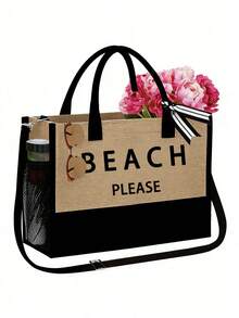 女士沙滩手提包套装，黑色和卡其色，印有“Beach Please”字样，大容量沙滩包内含化妆包、小收纳袋、帽子和可调节肩带，专业化妆包组合，轻松解决旅行途中化妆品收纳难题 - 彩色 - 查看 13