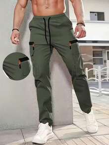Men's Sports Pants, Running & Fitness Shorts, Multi-Pocket Casual Cargo Pants, Straight Leg Drawstring, Spring/Summer - Green - View 1