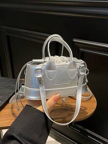 Bolso de mano y bandolera tipo cubo para maquillaje con estampado de cocodrilo miniatura - Plateado - Ver 5
