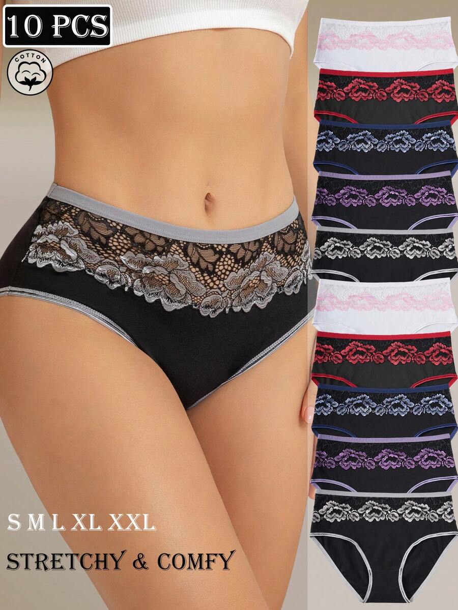 10 Peças/Pacote Calcinhas Elegantes de Cintura Alta com Estampa Floral Feminina, Suave, Respirável, Elástica e Confortável para Uso Diário com Acabamento em Renda - Multicolorido - Visão 1
