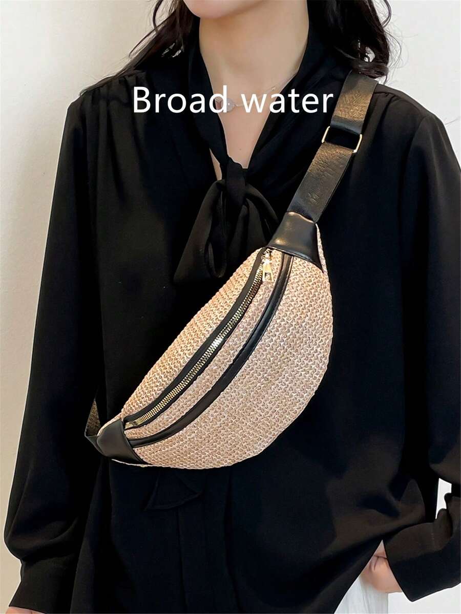 编织胸包，多功能斜挎包，拼接腰包，时尚多功能运动休闲女士胸包/腰包 - 黑色 - 查看 1