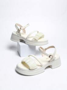 2026 New Pleated Vamp Beach Gold Buckle Home Casual Fashion Sandals, Lace Mesh Soft Wedge Thick Bottom Round Toe Leisure Sports Sandals, Countryside Vacation Sandals - Beige - View 8