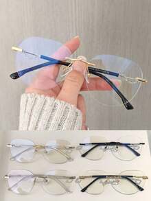 1 pieza Gafas sin montura y redondas para mujer, sin prescripción, con cadena decorativa, adecuadas para oficina, estudiantes, viajes, uso casual, vacaciones, gran regalo para novia, Día de San Valentín - Multicolor - Ver 9