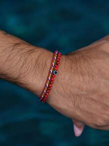 2件套编织绳手链 邪眼吊坠手链 波西米亚风石珠手链配饰首饰 - 彩色 - 查看 11