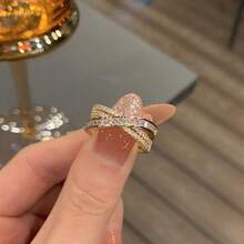 1入組婚禮珠寶新娘伴娘雙排鉆石可調開口戒指,適用於婚禮、晚會、約會、日常穿戴雅緻 - 金色 - 查看 6