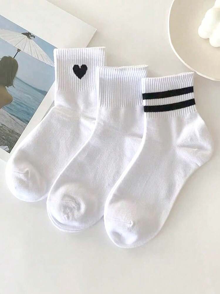 3 / 5 أزواج جوارب منتصف الساق للنساء بنمط الخطوط والقلوب الكلاسيكي، بسيطة وأنيقة، قابلة للتنفس، مناسبة للارتداء اليومي، الرياضات الخارجية، المدرسة، المناسبات التجارية طوال العام - متعدد الألوان - مشاهدة 2
