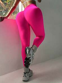 Seamless High-Elasticity Women's Solid Color Sports Leggings,Women Tuck In The Abdomen Leggings,Lift The Buttocks And Slim The Legs Leggings,Soft Touch Quick Dry Breathable Four-Way Stretch Hip Lift Leggings For Women,Multi-Color Options (Black/Brown/Blue/Green) - 玫紅色 - 查看 3