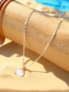 1pc Fashionable Minimalist Elegant Shell & Faux Pearl Pendant Necklace, Suitable For Women To Wear In Summer Beach, Dates, Parties, Daily, A Great Gift - Yellow Gold - View 5