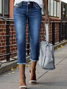 Jeans capri de mujer de uso casual y versátil, adecuados para el transporte diario y las vacaciones de primavera - Azul lavado oscuro - Ver 5