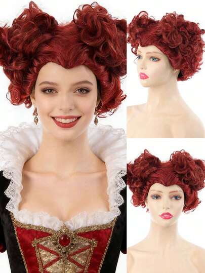 Half And Half 14" Short Orange Anime Cosplay Curly Wavy Wig Red Orange Fluffy Wigs Synthetic Hair + Wig For Women Halloween Party