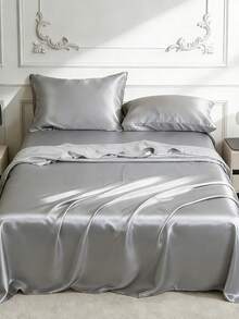 3pcs Silky Satin Bed Sheets, Soft & Breathable, Wrinkle-Resistant, Luxurious Hotel Style, Ideal Gift For Parents & Friends, Available In Multiple Colors & Sizes, Suitable For Twin, Full, Queen, King Beds - Silver - View 2
