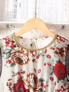 Summer Floral Print Mesh Girls Dress, Elegant & Fashionable - Multicolor - View 3