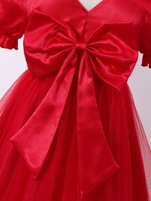 Spring/Summer Girls' Elegant Princess Dress With Crystal Embroidered Bow, Sequins & Mesh Details At Back - Red - View 6