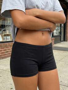 Shorts cortos de mujer de unicolor, con cintura elástica, ajuste ceñido y delgado, shorts de estar en casa - Negro - Ver 2