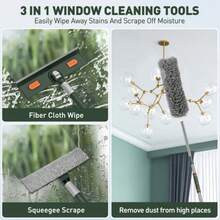 4-In-1 Window Squeegee For Home | Window Cleaning Kit With 3 Microfiber Cloths & Feather Dusters, Professional Tool For Outdoor Windows, Mirrors, Screens, Multi-Use Car Windshield Cleaning Tool With Long Handle, Plastic Material - Green - View 3
