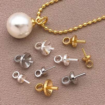 30pcs 18K Gold-Plated Brass Cup Peg Bails Pendants Eye Pinch Bail Cup Pearl Connector For Half Drilled Beads Charms Pendants Jewelry Making Findings Accessory Supplies Necklace