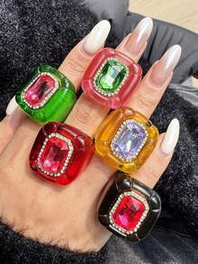Set de 5 anillos de resina de cristal con bloques de color geométricos, set de anillos asimétricos personalizados para el Día de San Valentín, anillos de mujer coloridos de estilo Y2K adecuados para uso diario, festivales y fiestas - Multicolor - Ver 1