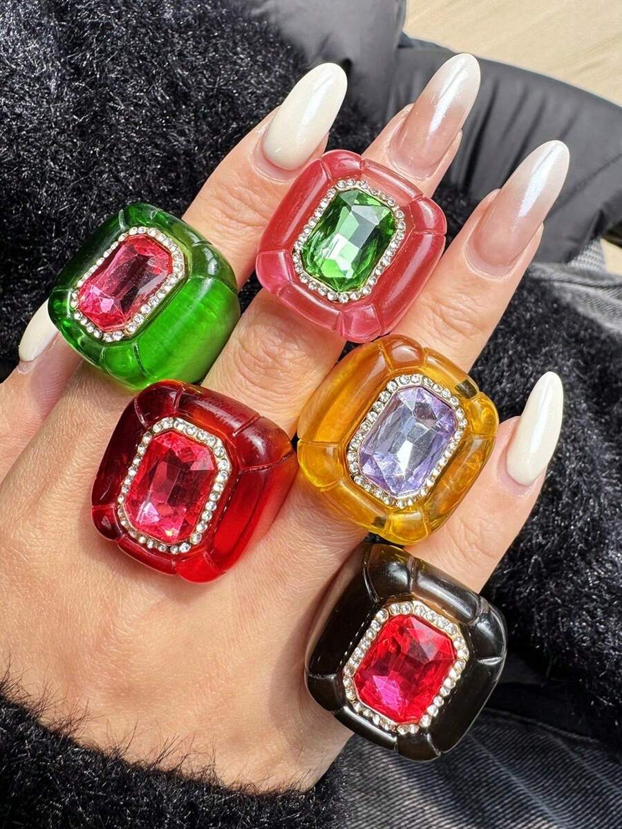 Set de 5 anillos de resina de cristal con bloques de color geométricos, set de anillos asimétricos personalizados para el Día de San Valentín, anillos de mujer coloridos de estilo Y2K adecuados para uso diario, festivales y fiestas - Multicolor - Ver 1