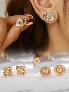 1 Pair Elegant Minimalist Geometric Design Cubic Zirconia Stud Earrings, Ideal For Women And Girls Everyday Wear - Multicolor - View 1