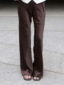 Women Satin Silk Wide Leg Pants Casual Elastic High Waist Solid Color Loose Fit Lounge Pants Office Ladies Work Trousers Daily Sleep Pants Y2K Streetwear - 棕色 - 查看 5