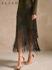 Đầm dài tay Aliao thanh lịch với tua rua, thích hợp cho kỳ nghỉ, du lịch, đi biển, dự tiệc, phong cách cổ điển mùa xuân. - Màu xanh Ô liu - Xem 3