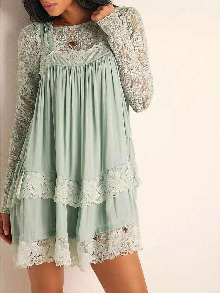 Women Tank Mini Dress Casual Summer Lace Patchwork Square Neck Party Dress For Beach Club Streetwear - màu xanh lá - Xem 1