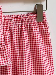 两件套女童夏季时尚优雅甜美红白格纹背心和配套格纹长裤套装，适合街头风、日常穿着和乡村风穿着。 - 紅色 - 查看 6