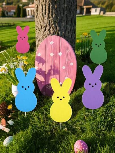 10个复活节户外花园插牌，多色兔子装饰（带支架），可爱实心兔子造型，草坪花园装饰，适合家居、户外、春季、复活节派对、生日派对