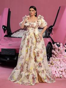 Faeriesty Đầm dạ hội cỡ lớn, tay phồng, xếp ly, chất liệu organza, họa tiết hoa, thích hợp cho tiệc cưới, tiệc mùa xuân. - Màu be - Xem 1