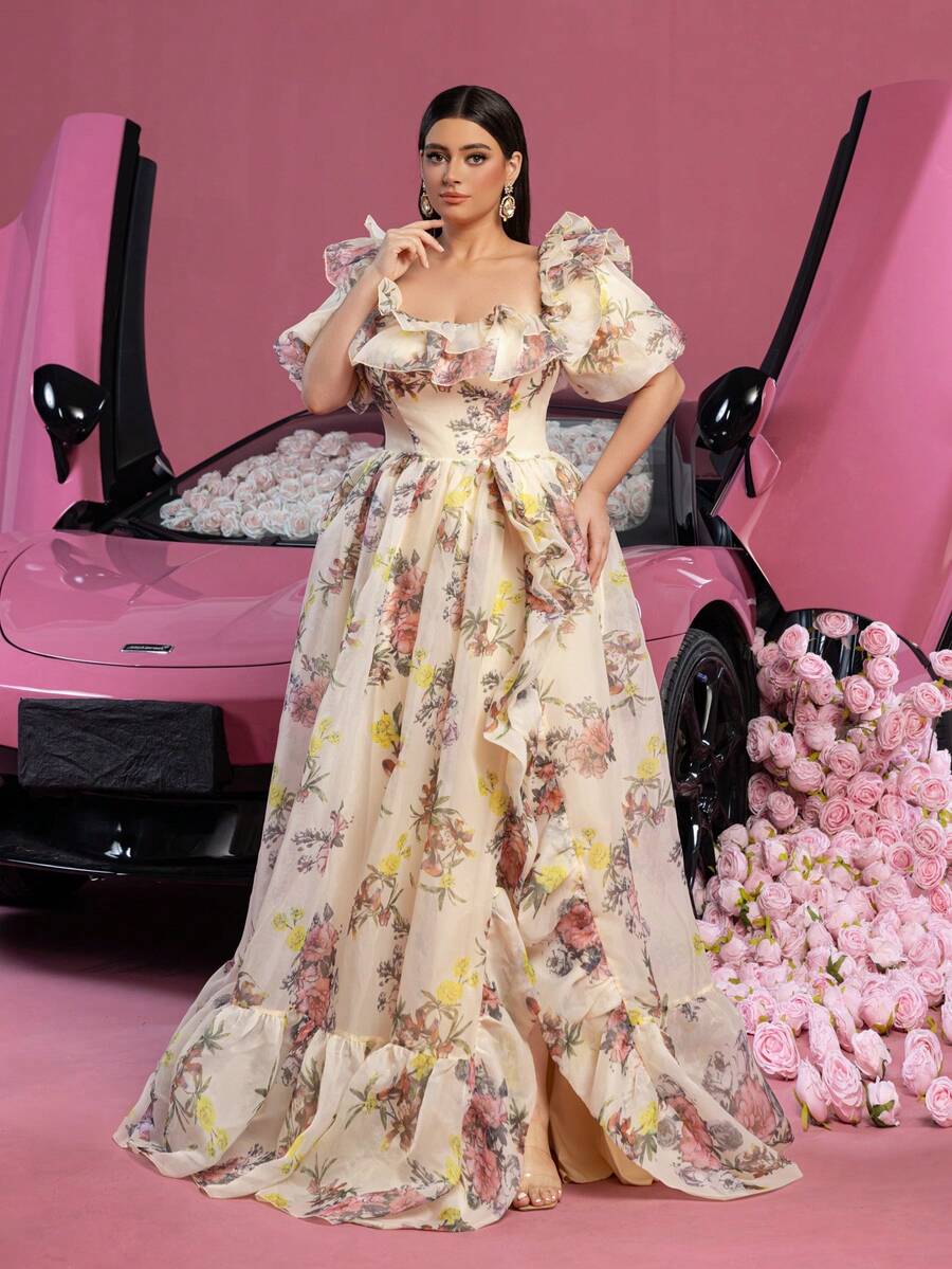 Faeriesty Đầm dạ hội cỡ lớn, tay phồng, xếp ly, chất liệu organza, họa tiết hoa, thích hợp cho tiệc cưới, tiệc mùa xuân. - Màu be - Xem 1