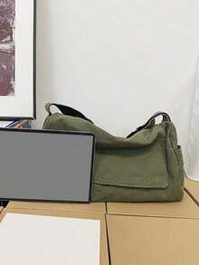 Vintage Minimalist Versatile Flap Shoulder Bag, Thick Washed Canvas Bag, Casual Versatile Large Capacity American Messenger Bag, College Style Japanese University Student Schoolbag, Short Trip Travel Bag, Simple Street Cloth Bag, Black Crossbody Bag , Old Money - 綠色 - 查看 10