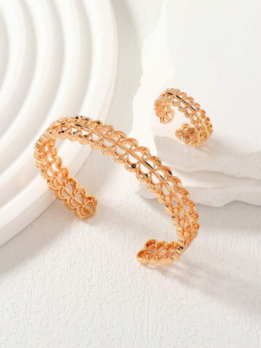 两件套玫瑰金镀层镂空编织手链戒指首饰套装，可调节开口设计，日常叠戴，理想的斋月礼物 - 金黃色 - 查看 1