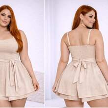 Women's Plus Size Summer Jumpsuit Dress With Elastic Back, Casual Elegant Knot And Ruffle Detail For Holidays - 米色 - 查看 2