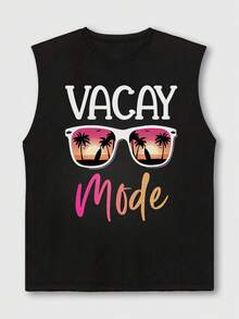 Men's Casual Sleeveless Vest With Palm Tree & Sunset Print, Minimalist & Fashionable For Daily Wear - Black - View 3