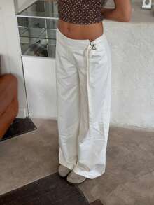 Women's High Waist Wide Leg Pants, Smooth Fabric White Long Trousers Spring - White - View 3