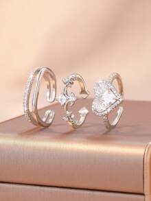 3pcs/Set Fashionable Silver Heart Woven Textured Geometric Rings Set For Women, Innovative Design, Lightweight & Luxurious, Open Rings - Silver - View 2