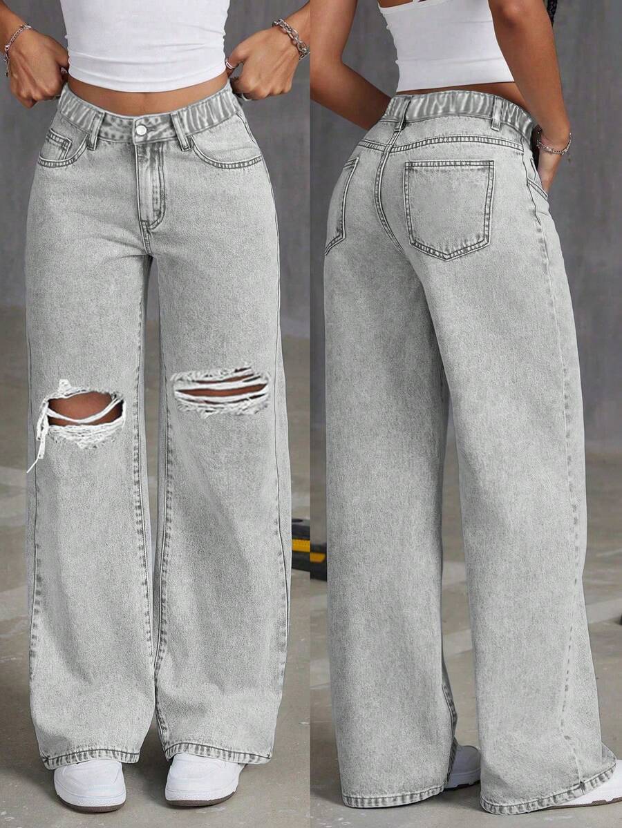 Jeans azul claro rasgados de moda para adolescentes. Elegante y versátil para todas las estaciones, pantalones vaqueros esenciales dulces y elegantes. - Gris - Ver 1
