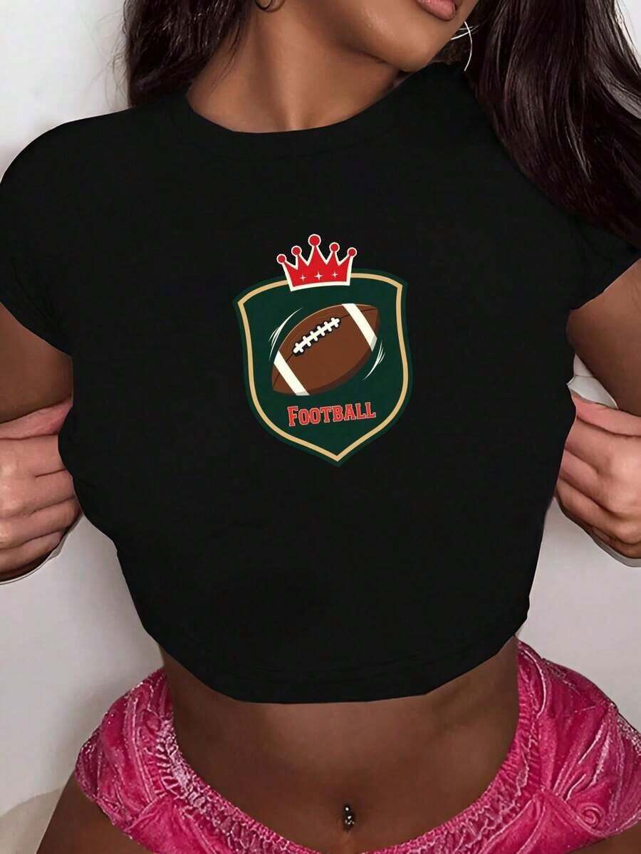 Football Shield Crown Emblem Fashionable Women's Short Sleeve T-Shirts - Black - View 1