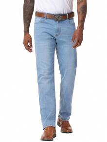 Men's Regular Fit Stretch Jeans Straight-Leg Vintage Washed Casual Denim Pants Comfort Classic Urban Streetwear - 淺色水洗藍 - 查看 4