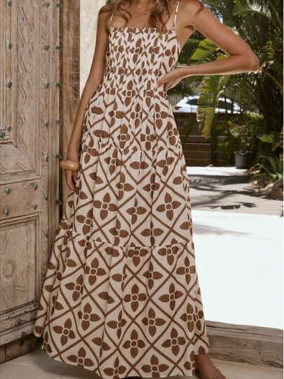 Women's Elegant & Comfortable Vintage Floral Print Spaghetti Strap Dress, Flattering & Flowy