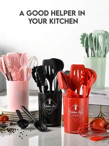 Meoky 12件套木柄硅胶厨房用具套装，耐热不粘烹饪烘焙工具，适用于厨房 - 黑色-加大款 - 查看 6