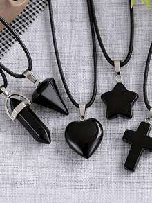 1/5 piezas Colgante de collar con forma de corazón de cristal de obsidiana negra, con encantos de piedras de cruz y cuarzo hexagonal, collar de cordón ajustable, regalo de moda unisex adecuado para festividades, para hacer joyería DIY - Negro - Ver 15