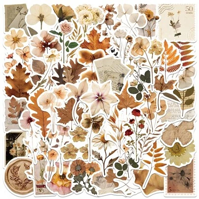 60PCS Vintage Sticker Retro Dried Flowers And Leaves Stickers Nature Stickers Art Stickers Decorative Stickers Vinyl Waterproof Stickers For Water Bottle,Computer,Laptop,Phone,Luggage,Notebook,Fridge